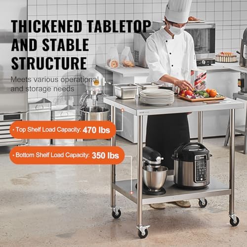 VEVOR Stainless Steel Work Table 30 x 18 x 38 Inch, with 4 Wheels, 3 Adjustable Height Levels, Heavy Duty Food Prep Worktable for Commercial Kitchen Restaurant, Silver - Image 5