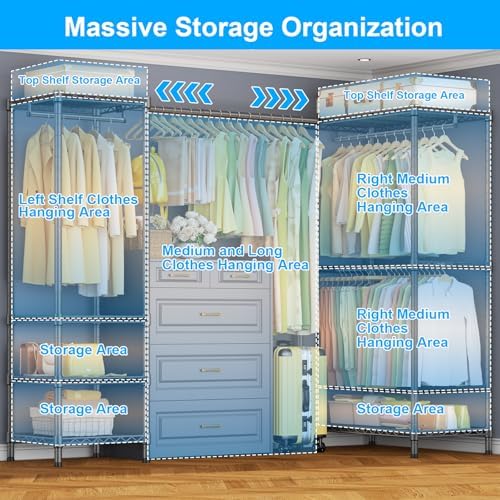 ULIFHOME E10L L-Shaped Clothes Rack for Corner（With Expandable Hanger Rod）Heavy Duty Freestanding Clothing Racks for Hanging Clothes，Portable Garment Rack 58-82"W x 30"D x 72"H，Max Load 900LBS，Grey - Image 3