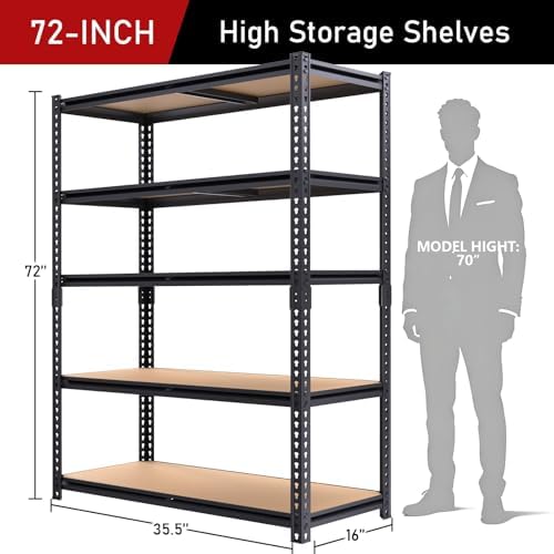 72" H Garage Shelves,Garage Storage Shelves Heavy Duty,2400LBS Heavy Duty Garage Shelving,Adjustable 5 Tier Shelving for Garage Storage,Warehouse,16"x35.5"x72" - Image 3