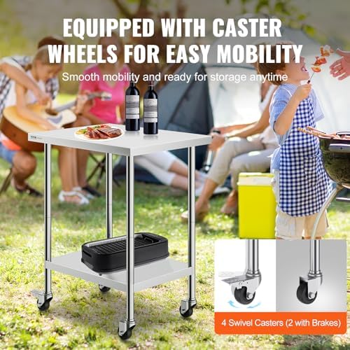 VEVOR Stainless Steel Work Table 24 x 30 x 38 Inch, with 4 Wheels, 3 Adjustable Height Levels, Heavy Duty Food Prep Worktable for Commercial Kitchen Restaurant, Silver - Image 6