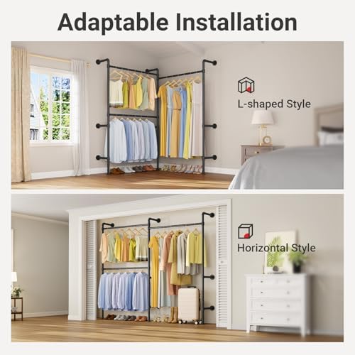 Timate P2 Industrial Pipe Clothes Rack, Wall Mounted Open Closet System with 3 Hanging Rods, L-Shape & Straight Configuration Garment Rack for Closet, Bedroom, Apartment, Retail Display, Black - Image 2