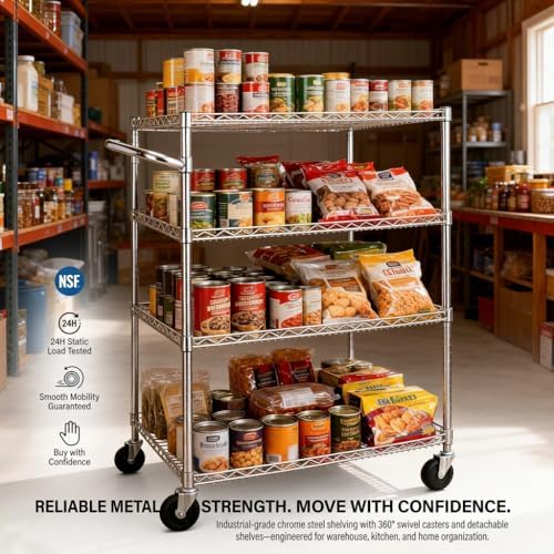 Finnhomy 4 Tier Heavy Duty Commercial Grade Rolling Cart with Handle Bar, Metal Wire Utility Cart with Wheels, Kitchen Service Trolley on Wheels, Shelf Size 18" D x 36" W, NSF, Chrome - Image 2