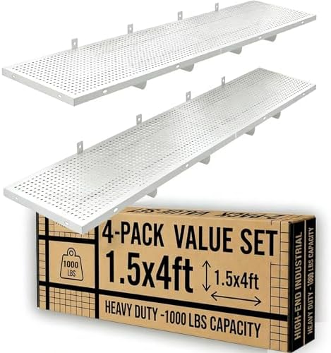 ZONEGRACE 4-Pack 1.5x4ft Garage Storage Wall Shelves, 1000 Lbs Heavy Duty Wall Mounted Shelves, Flat Rack Garage Floating Shelves With Complete Install Kit, White by ZONEGRACE