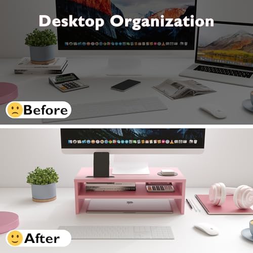 BONTEC Wooden Monitor Stand Riser for Desk, 2-Tier Computer Monitor Stand - Image 2