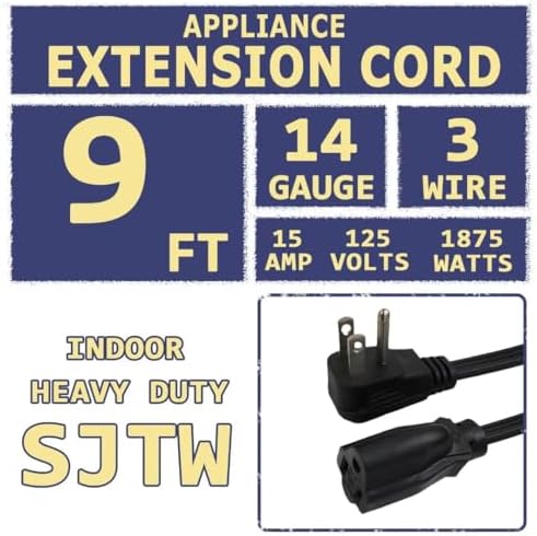 9 Ft Heavy Duty Appliance Extension Cord - 14 Gauge 3 Prong SPT-3 Cable Wire, Ideal for Air Conditioners, Refrigerators, and Major Appliances - Indoor Use, Black - Image 2