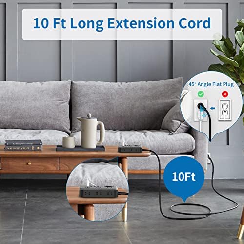 Flat Plug Extension Cord 10 Ft, NTONPOWER 6 Widely Spaced Outlet(2 Side) Power Strip with 4 USB Ports, Overload Protection, Wall Mount Charging Station for Home Office, Nightstand and dorm room, Black - Image 2