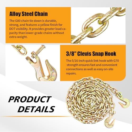 Transport Binder Chain 3/8 Inch x 16 Foot | Safety/Binder Chain with Clevis Grab Hooks 7100 lbs WLLHeavy Duty Chain for Transporting,Towing,Tie Down and Binding Equipment (3/8'' x 16FT,Yellow Zinc) - Image 4