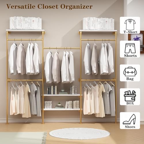 HOMEKAYT Industrial Pipe Clothes Rack with Shelves, Gold Clothing Rack Wall Mounted Heavy Duty Multi-Purpose Storage Clothes Hanging Shelf - 94.5''L Gold - Image 3