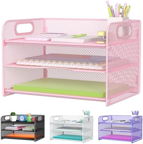 Samstar 3 Tier Pink Letter Tray Paper Organizer with Handle, Mesh Desk Organizer Paper Sorter File Rack Shelves, Pink by Samstar