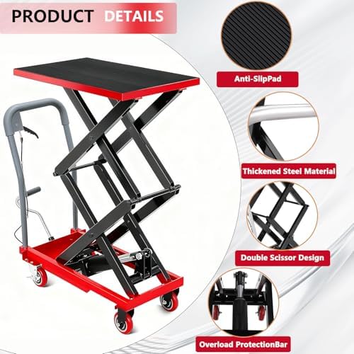 GarveeTech Hydraulic Lift Table Cart, 770Lbs Load Capacity 59 Inch Lifting Height, Manual Double Scissor Lift Table with Non-Slip Pad and 4 Wheels,Hydraulic Scissor Cart (770lbs-Double-Red Black) - Image 4