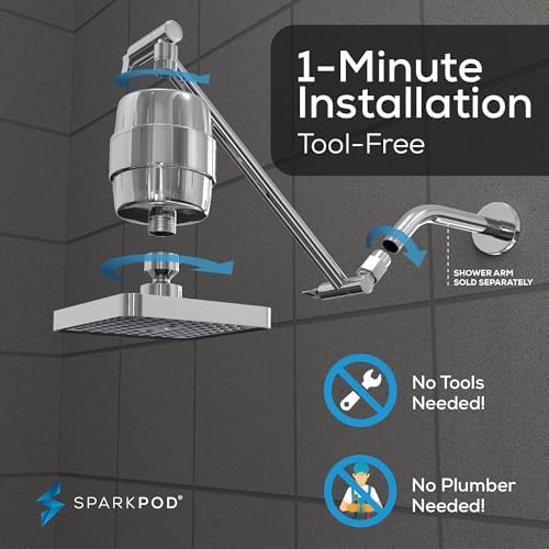 SparkPod 6" High Pressure Rain Shower Head with 23 Stage Filter Capsule & 11 Inch Adjustable Shower Arm Extension -Shower Filter Reduces Chlorine for Smoother Hair & Skin (Square, Polished Chrome) - Image 5
