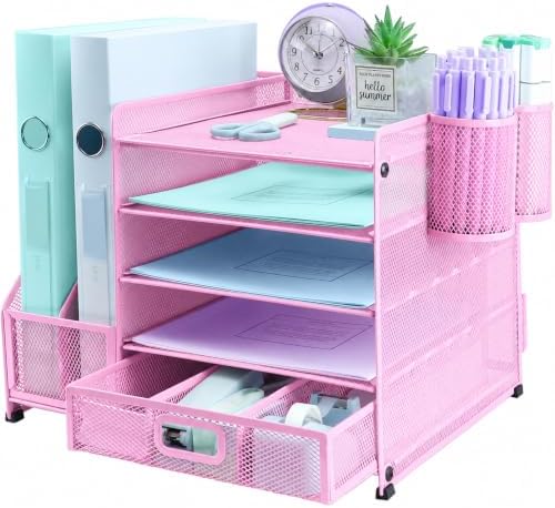 Desk Organizers and Accessories with File Holder, 5-Tier Paper Letter Tray Organiser with Drawer and 2 Pen Holder, Mesh Desktop Document Organizer for Office Supplies, Workspace - Pink by ideallife