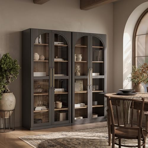BELLEZE 67" Storage Cabinet Set of 2, 6 Shelf Glass Bookshelf Display Cabinet, Modern Wood Wine Curio Cabinets with 4 Adjustable Shelves, Trophy Display Case for Living Room, Wine, Ebony by BELLEZE
