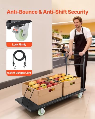VEVOR 2000 LBS Heavy Duty Platform Truck, Upgraded Version with Larger Deck (60" x 28"), Industrial Steel Flatbed Cart with Swivel Wheels, Push Cart Dolly for Warehouse/Garage/Moving/Garden - Image 5