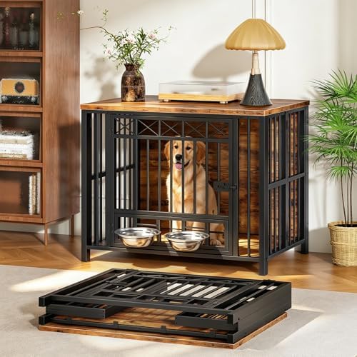 HOOBRO Foldable Dog Crate Furniture with 360° Rotating Double Bowls, Dog Crate End Table, Foldable for Travel, Holds 110 lb, for Small to Medium Dogs, Rustic Brown and Black BF61GW03 by HOOBRO