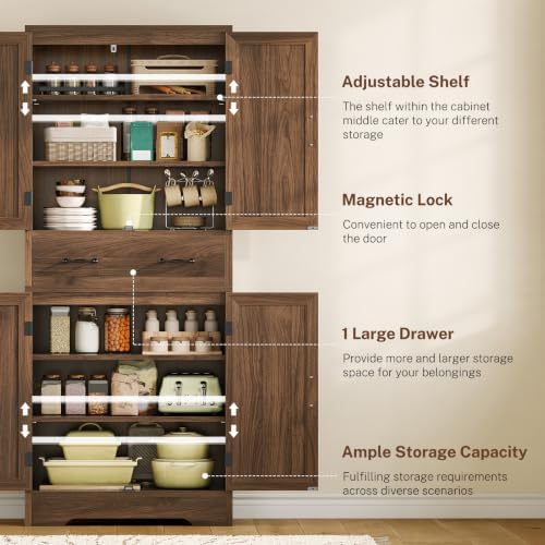 TEENFON Tall Storage Cabinet with 2 Adjustable Shelves & 1 Large Drawer, Kitchen Pantry Cabinet with 4 Doors, Bathroom Storage Cabinets, for Living Room, Kitchen, Bathroom, Walnut - Image 4