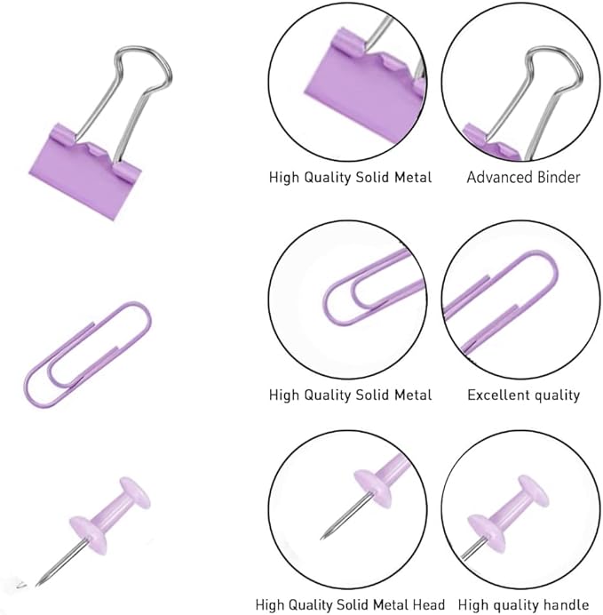 Purple Binder Clips and Paper Clips Push Pins Tacks Sets, Total 72 PCS Assorted - Image 3