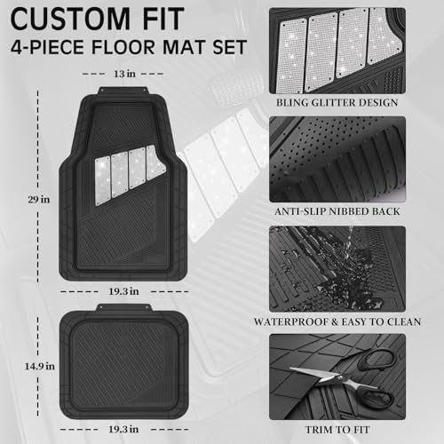 CAR PASS Heavy Duty Rubber Floor Mats 4-Piece Bling Car Mats Full Set - Universal Waterproof Floor Mats for SUV Truck, Durable All Weather Car Mats, Automotive Mats for Women Glitter Silver - Image 2