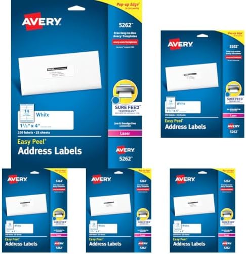 Avery Easy Peel Printable Address Labels with Sure Feed, 1-1/3" x 4", White, 350 Blank Mailing Labels (05262) (Pack of 5) by Avery