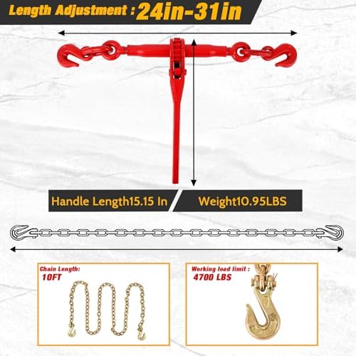 2Pcs Chain and Binder Kit, 3/8"-1/2" Ratchet Load Binders 9200 lbs Load Limit, 3/8 in ×10 ft Chains, Load Transport Binder Chain with Grappling Hook,for Industrial, Agricultural, Logging - Image 5