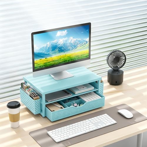 gianotter Desk Organizers and Accessories, Monitor Stand with Drawer and 2 Pen Holder, Desktop Organizer Suitable for Offices and Dormitories (Blue-Plain) - Image 7