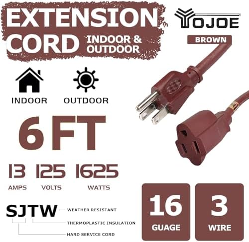 YOJOE Indoor Outdoor Extension Cord, 3 Prong 13A Weatherproof Power Cord, 16 Gauge Heavy Duty 6 ft Brown Extension Cord for Garage, Garden and Home, 16/3 SJTW UL Certified - Image 2