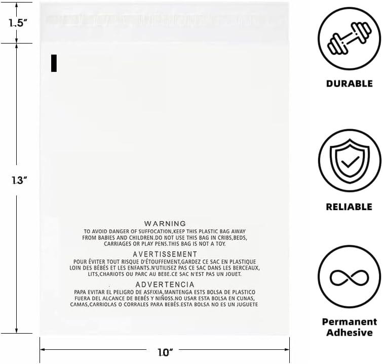 POLYSELLS 1000 Count 10x13” Clear Poly Bags with Suffocation Warning Self-Sealing Plastic Bags for Shipping, Retail Packaging, T-Shirts & Clothing - Permanent Adhesive - Image 2