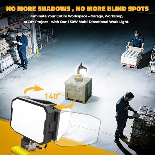 LED Work Light Compatible with DeWalt 20V Battery, 150W 15000LM Flood Light, 6500K Daylight 3-Head Adjustable, USB Type-C&2 Brightness Modes Portable Flashlight Job Site Light (Tool Only) - Image 4