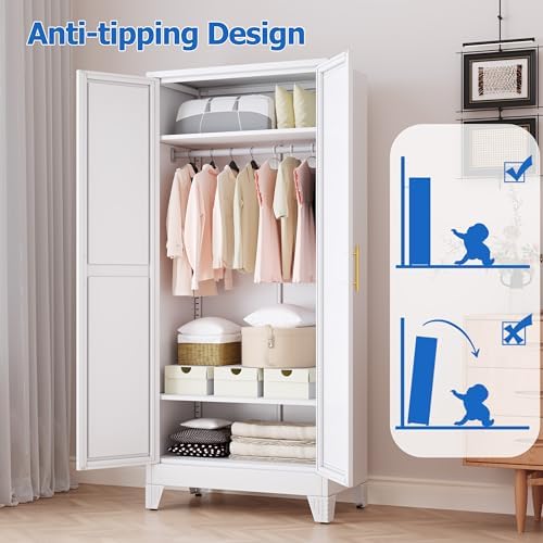 GAIOUS Metal Wardrobe Cabinet with Mirror and Hanging Rod, 71" White - Image 6