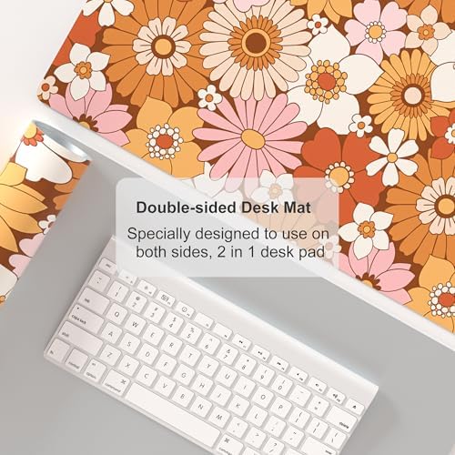 Faux Leather Large Mouse Pad, Office Desk Mat, 31.5"x15.7", Retro Flowers - Image 5