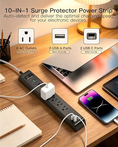 Surge Protector Power Strip 25FT, 10-in-1 with 6 AC Outlets 4 USB Ports(2 USB-C), Ultra Flat Plug Braided Extension Cord, Wall Mountable, 1080J Surge Protection, ETL Listed, Black - Image 2