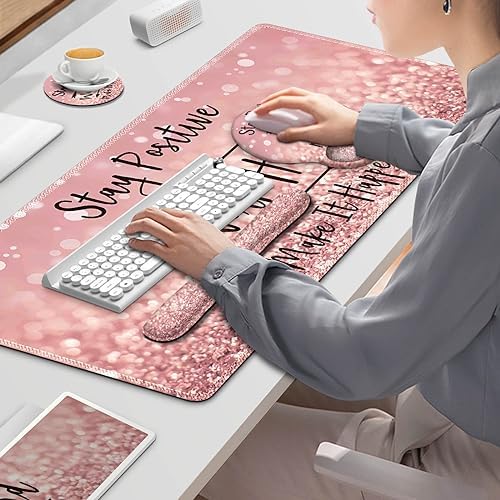ToLuLu Desk Mat, XXL Large Mouse Pad Wrist Support Set，4 in1 Gaming Mousepad Desk Pad+ Ergonomic Mouse Pad with Wrist Rest + Keyboard Wrist Rest+Coaster for Women Home Office Table, Pink Stay Positive - Image 7