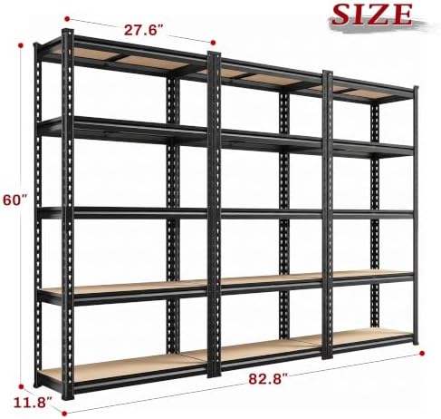 REIBII Set of 3 Storage Shelves 5 Tier Garage Shelving Heavy Duty Load 2000LBS, 60" H x 27.6" W x 11.8" D Adjustable Metal Shelving Unit, Utility Rack Shelf for Basement Pantry Shed Warehouse - Image 3