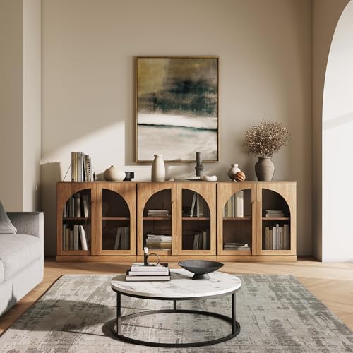 BELLEZE 2 Tier Bookshelf with Arched Glass Door, Set of 3 Modern Display Bookcase Shelf with Storage and Adjustable Shelves, 94" Wood Bookshelves for Living Room Office Entryway (Camel) by BELLEZE
