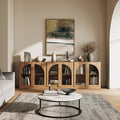 BELLEZE 2 Tier Bookshelf with Arched Glass Door, Set of 3 Modern Display Bookcase Shelf with Storage and Adjustable Shelves, 94" Wood Bookshelves for Living Room Office Entryway (Camel) by BELLEZE
