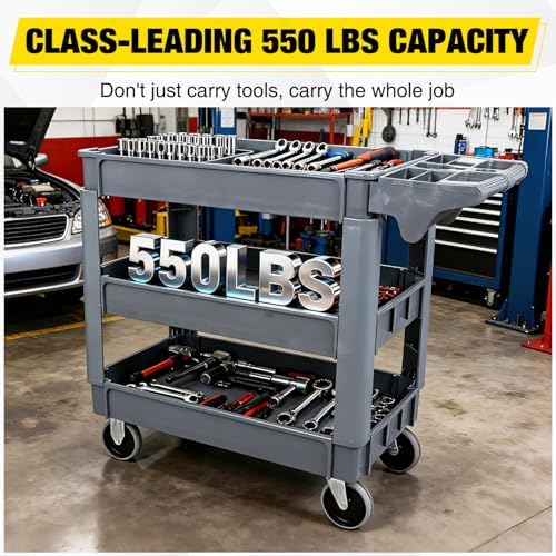 Heavy Duty 3-Shelf Plastic Utility Cart - 550 lbs Capacity Rolling Service Cart with 5" TPU Silent Wheels & Integrated Tool Handle - Grey - Image 3