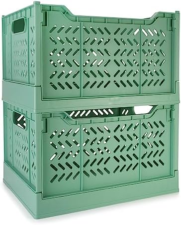 2 Pack Stackable Storage Crates, Plastic Foldable Baskets Tall Green by Domiella