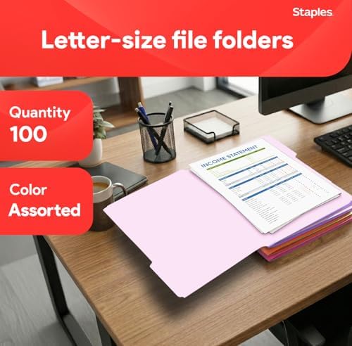 Staples File Folders, Letter Size, 1/3-Cut Tabs, Assorted, 100/Pk - Image 2