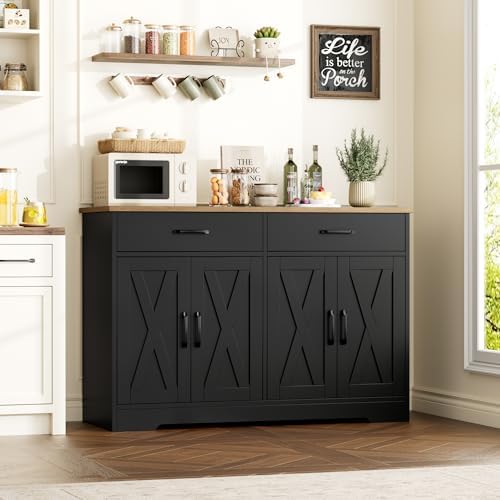HOSTACK 47" W Kitchen Sideboard Buffet Cabinet with Storage Drawers, Black - Image 4