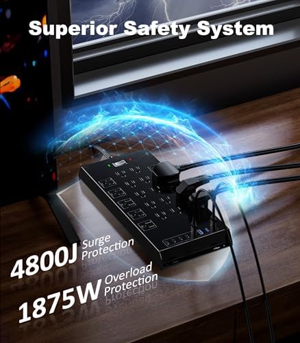 Surge Protector Power Strip 4800J, LeZone 10Ft Long Extension Cord Flat Plug, 20 Outlets 4 USB-A 4 USB-C Ports, Wall Mountable, Home Office Dorm Essentials, Black - Image 4
