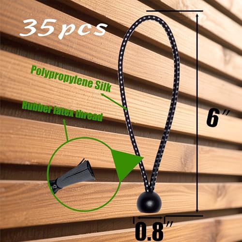Bungee Cords with Balls 35PCS, 6 Inch Heavy Duty Ball Bungees for Canopy Tarp, Tent, Outdoor, Black Elastic Ties for Secure Hold – No Odor, Durable, UV Resistant (35, BW6) - Image 2