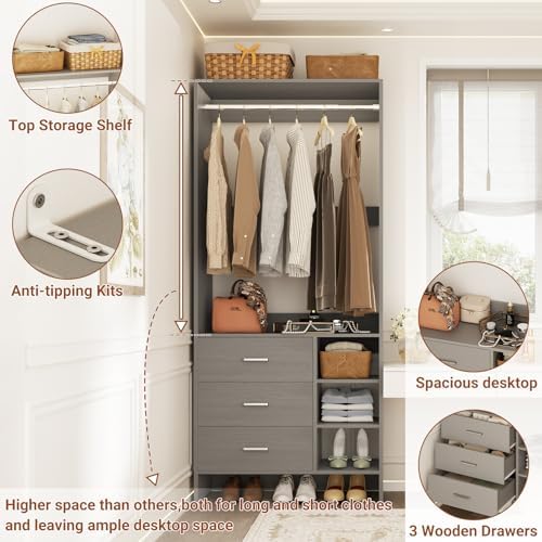 Aheaplus 2.5FT Closet System with 3 Drawers, 29.5’’ Closet Organizer, Grey - Image 2