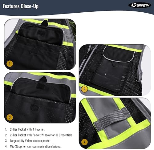 JKSafety Hi-Vis Unisex Surveyor Safety Vest Heavy Duty PPE Inner Pockets ANSI/ISEA Compliant - Image 4