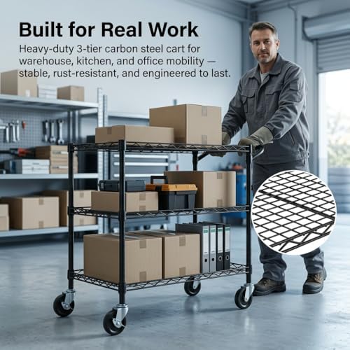 Finnhomy 3 Tier Heavy Duty Commercial Grade Utility Cart, Wire Rolling Cart with Handle Bar, Steel Service Cart with Wheels, Kitchen Carts on Wheels, Metal Cart Shelf Size 18" D x 36" W, NSF, Black - Image 7