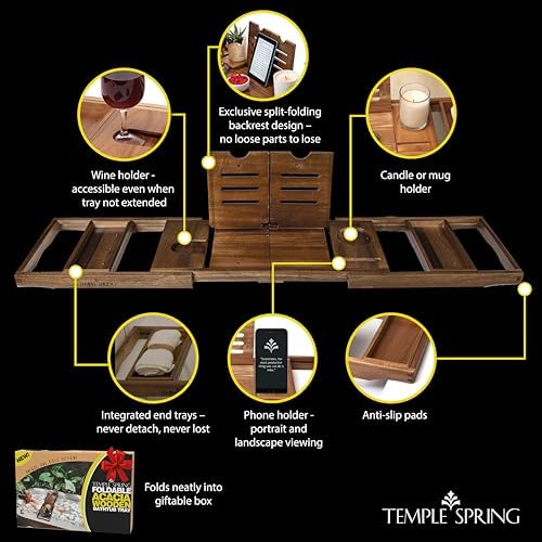Temple Spring Foldable Bathtub Tray, Unique Design Selfcare Bathroom Caddy, Acacia Spa Bathroom Tray, Wooden Bathtub Accessories, Wedding Gift/Birthday Gift/New Home Bath Table – Not Teak - Image 4