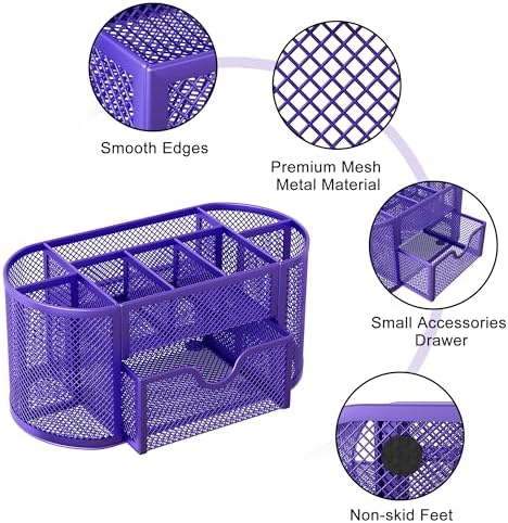 EasyPAG Mesh Pen Holder Desk Organizer with Drawer Stationery Supplies Organizer for Dorm School 9 Compartments Workspace Desk Accessories Organization for Office, Purple - Image 4
