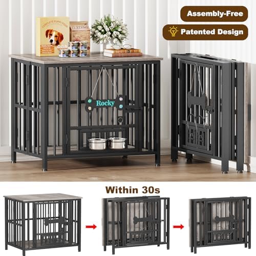 Easycom 31" Dog Crate Furniture Foldable, No Assembly Decorative Dog Kennel Indoor, Dog Crates for Medium Dogs(20-35 lb), Wooden Dog Cage with Adjustable Bowls and Name Tag, End Table, Oak Grey - Image 2