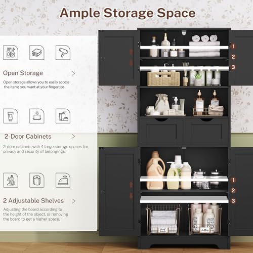 Iwell 57.8" H Tall Storage Cabinet with 2 Drawers & 2 Adjustable Shelves, Kitchen Cabinet with 4 Doors, Tall Cabinet for Living Room, Dining Room, Entryway, Black - Image 4