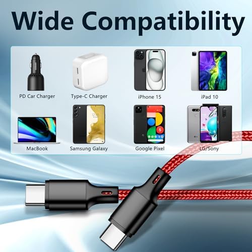 cugunu 60W USB C to USB C Cable, 3 Pack 10ft Type C Fast Charger Cord (Red) - Image 6