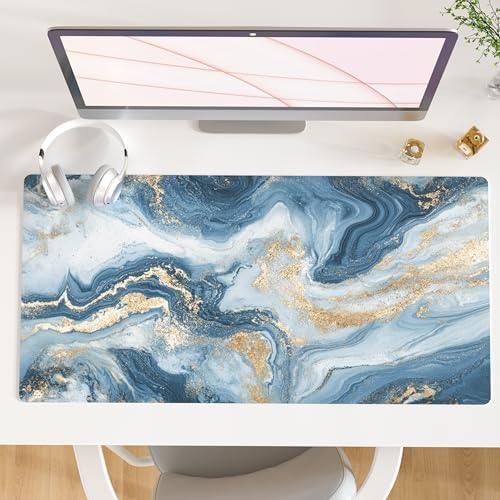QiyI PU Leather Large Mouse Pad, 31.5" x 15.7", Blue White Marble by QIYI